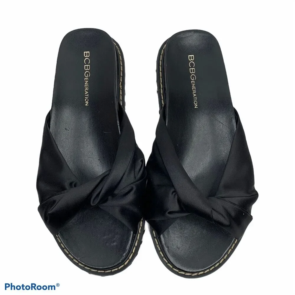 BCBGeneration Size‎ 6 Sandals Slides Essina Knotted Black Round Toe Flat Women’s